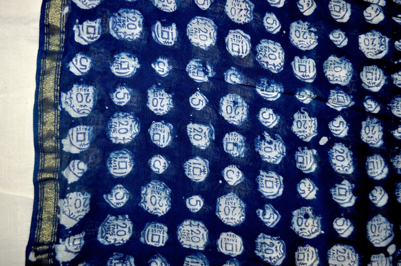 Beautiful coin print zari border chanderi fabric Indigo sheer fabric