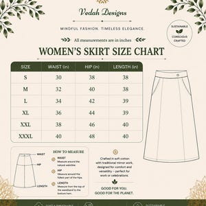 May include: A size chart for a skirt by Vedah Designs, featuring a table with waist, hip, and length measurements in inches for sizes S through XXXL. It includes a line drawing of a skirt, instructions on how to measure, and text about cotton.