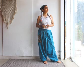 Blue khadi harem pants unisex yoga pants with side pockets