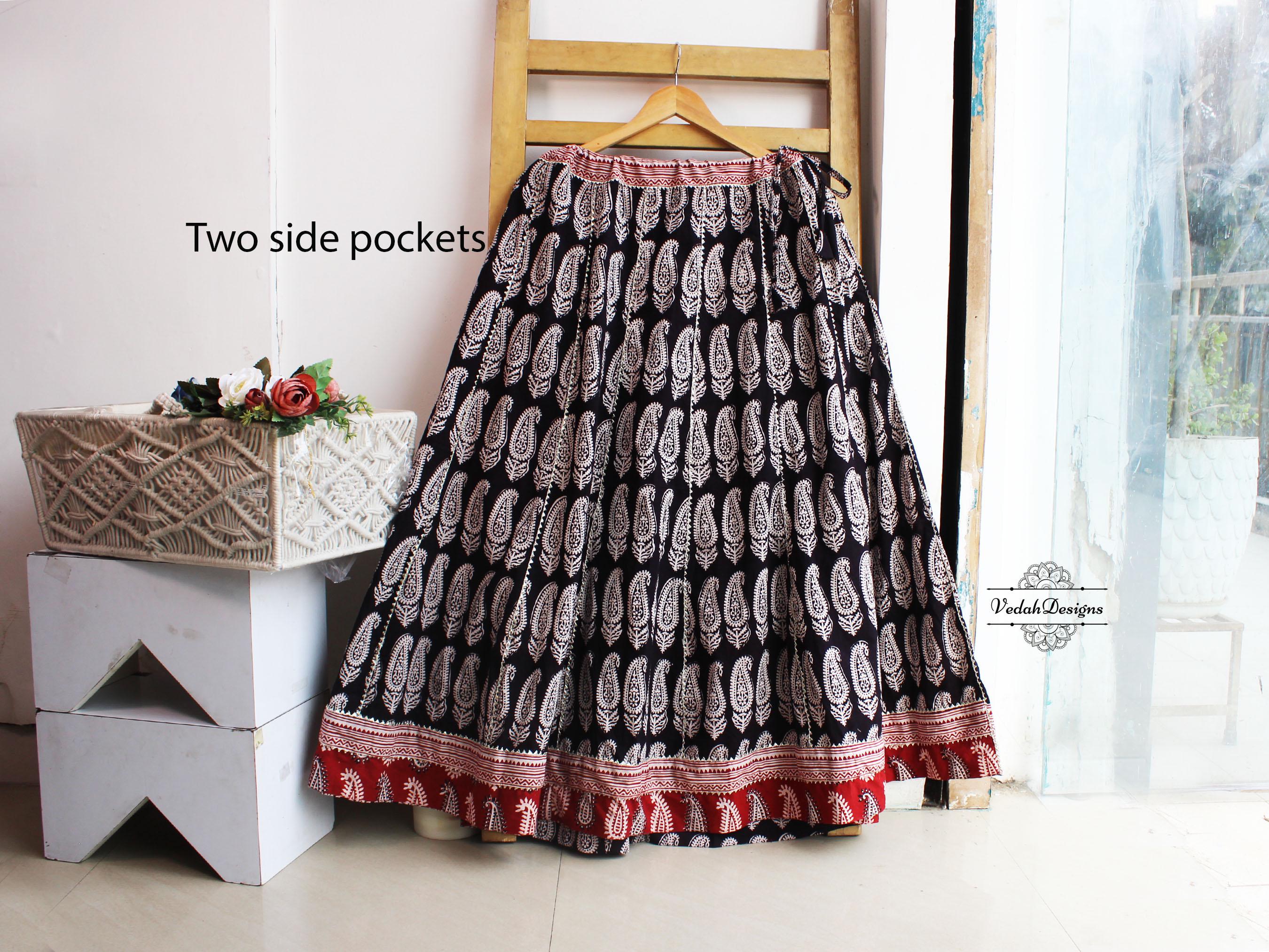 Black block print lehenga skirt in soft breathable cotton fabric