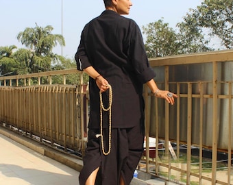 Black khadi kurta dhoti set in handloom cotton fabric Spiritual clothing yoga clothing