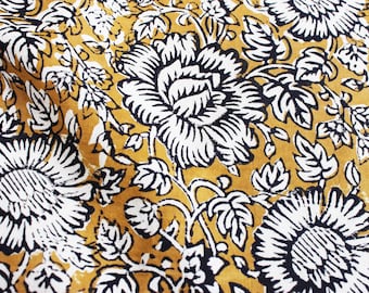 2.5 meters mustard yellow floral block printed cotton fabric