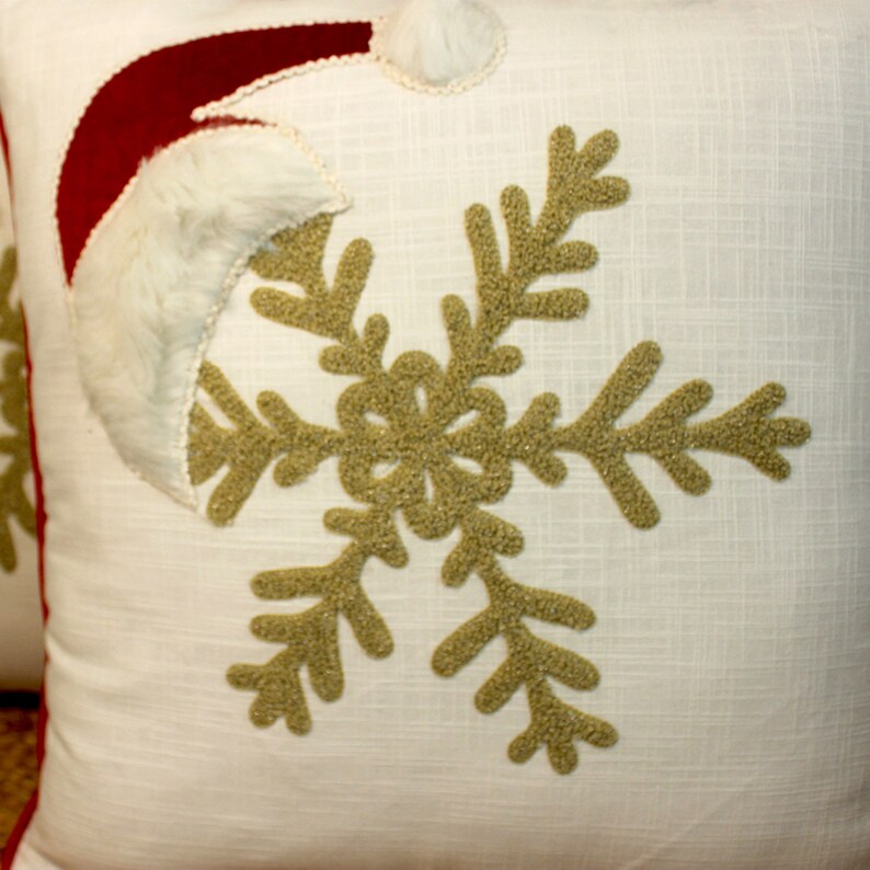Set of 2 christmas pillow covers in snowflake hand embroidery and fur patchwork image 3