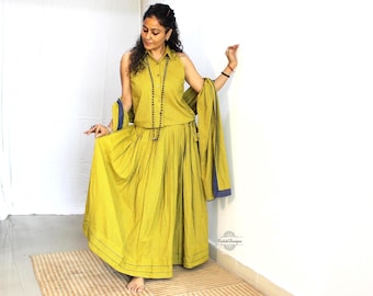 Yellow skirt top set 3 piece lehenga set in handloom kantha cotton fabric