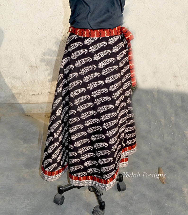 Block print long wrap around skirt with ties in cotton fabric image 3