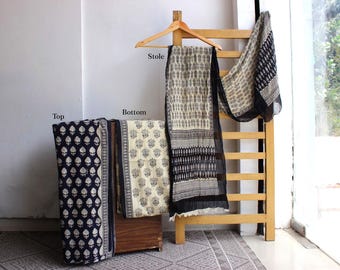 Block print suit with dupatta in cotton fabric