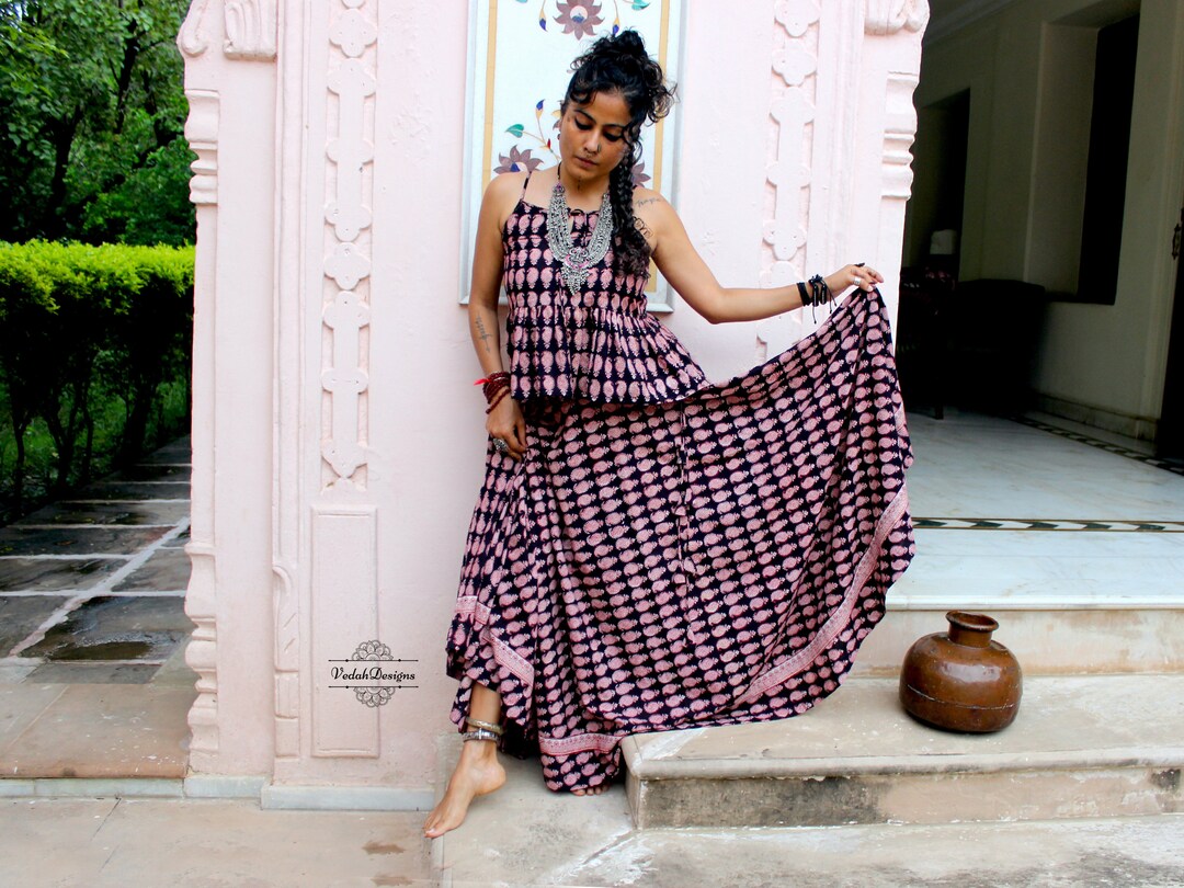 Custom-made Flared Block Print Skirt Set With Top