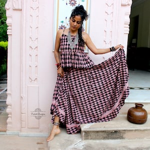 Choose fabric from the store Custom-made flared block print skirt set with top