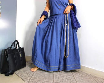 Handloom cotton skirt Indigo Blue skirt pleated flared skirt in vegetable dyed handloom fabric