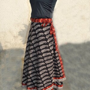 Block print long wrap around skirt with ties in cotton fabric image 2