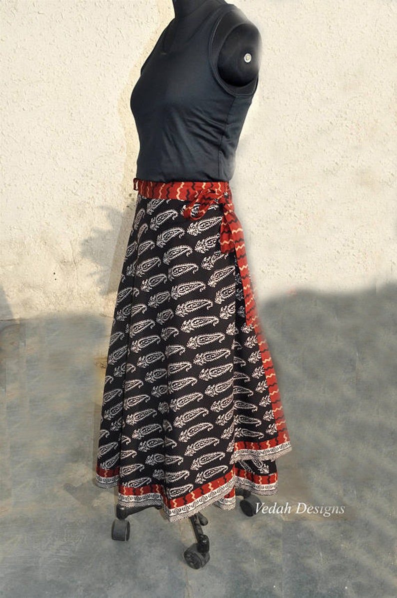 Block print long wrap around skirt with ties in cotton fabric image 2