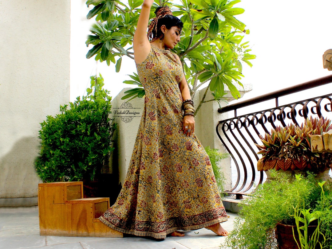 kalamkari cotton dress Yellow Kalamkari Flowy Cotton Dress