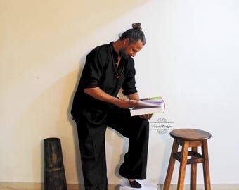 Black kurta palazzo set in pure linen fabric custom made pant shirt for men