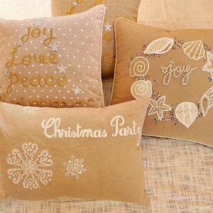 Hand Embroidered text pillow, Beige christmas pillow, Oblong pillow