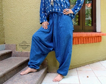 Indigo harem pants hippie cotton unisex pants pocket pants