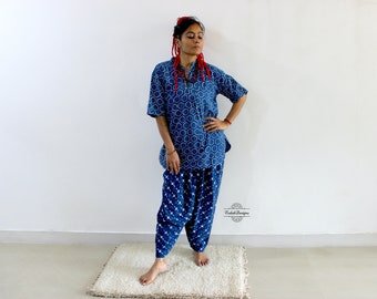 Indigo blue coord set of kurta and dhoti in soft cotton fabric