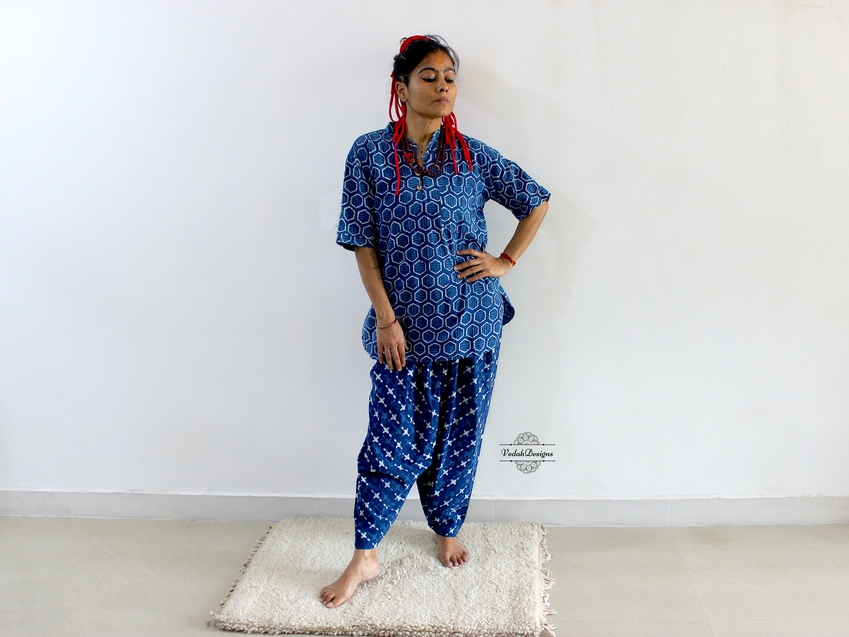 Indigo blue coord set of kurta and dhoti in soft cotton fabric
