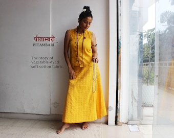 Yellow kantha long wrap around skirt with top in vegetable dyed fabric