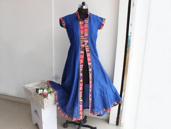 blue dress with shrug Blue long shrug chanderi silk long panelled dress shirt dress