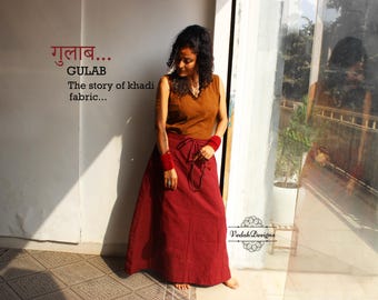 Brown top skirt set in lightweight khadi cotton fabric breathable cotton fabric