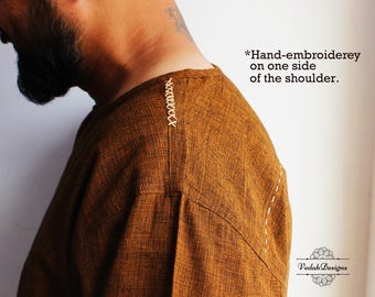 Hand-embroidered Brown kurta lightweight shirt in homespun ahimsa cotton fabric for men