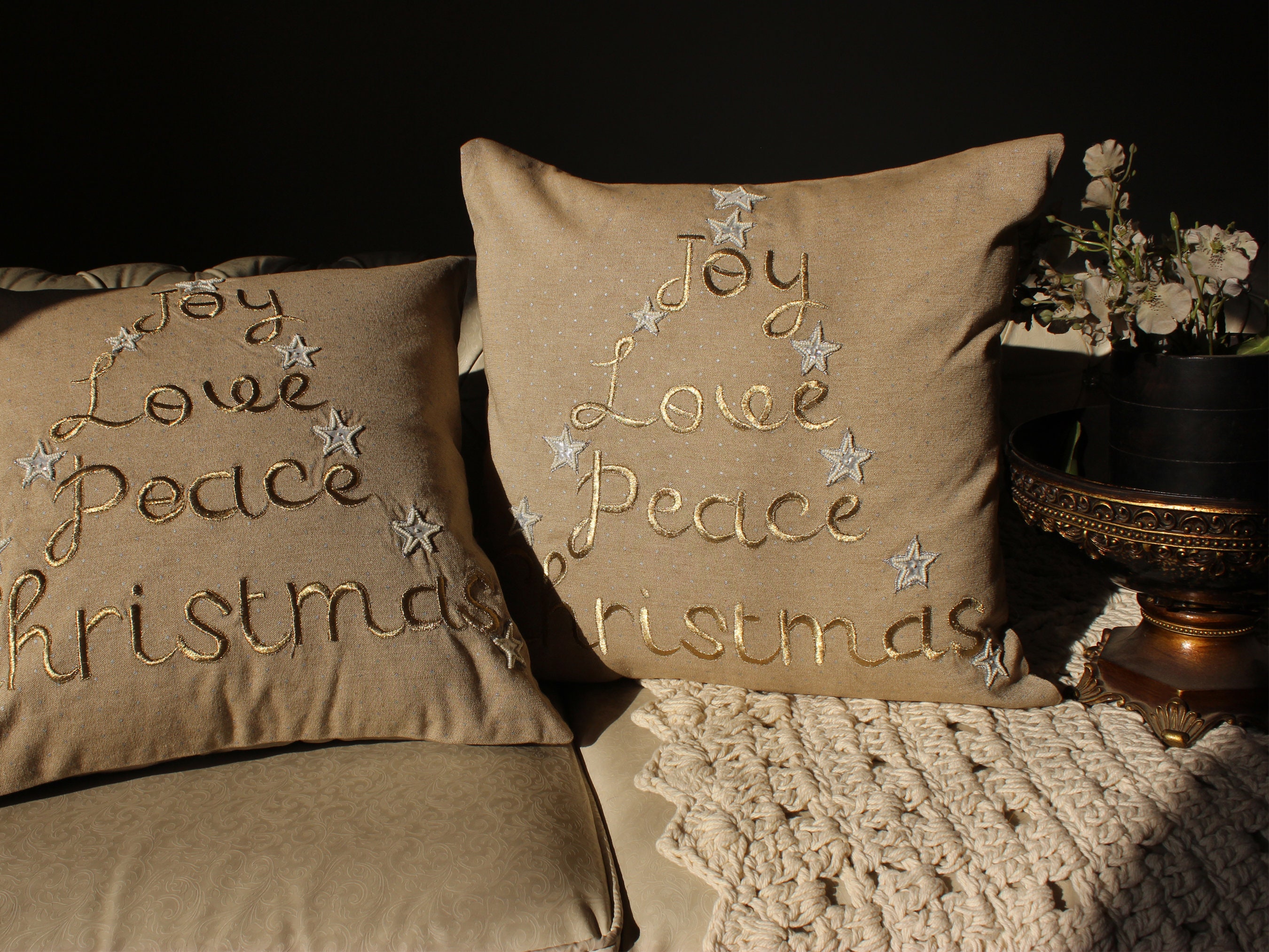 Chambray Christmas Lumbar Pillow Embroidered Peace - Woodwaves