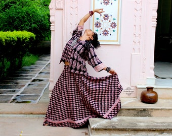 Beautiful light weight block print lehenga choli jacket set in cotton fabric