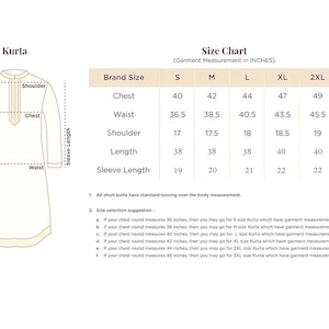 May include: A size chart for a kurta garment featuring a line drawing of the shirt with labels for shoulder, chest, waist, and length. The table provides measurements in inches for sizes S through 3XL, including chest, waist, shoulder, and sleeve length.