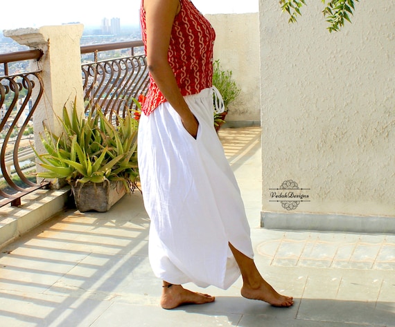 White boho skirt in cotton slub handloom