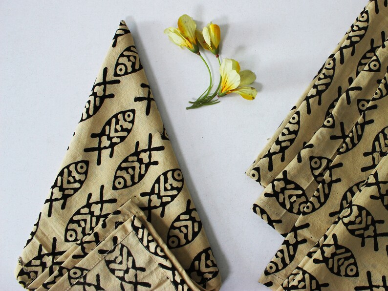 Set of 8 Napkin Set in Block Print Cotton Organic Fabric - Thumbnail 4