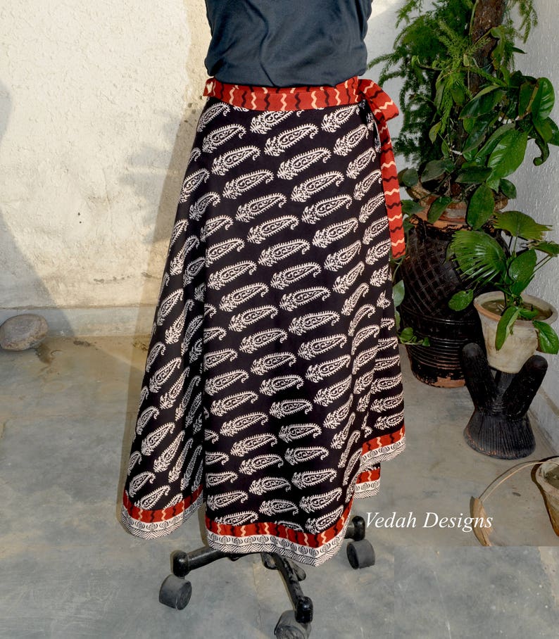 Block print long wrap around skirt with ties in cotton fabric image 5