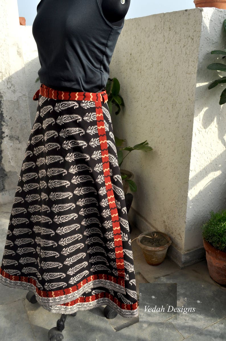 Block print long wrap around skirt with ties in cotton fabric image 6