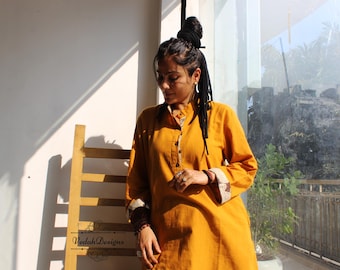 Two-tone Kurta yellow handloom khadi cotton kurta with designer placket and cuffs