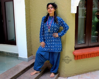 Indigo kurta with hand embroidery in breathable block print cotton fabric