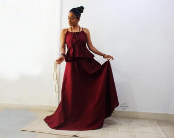 Custom-made flared khadi cotton skirt set with peplum top in maroon colour