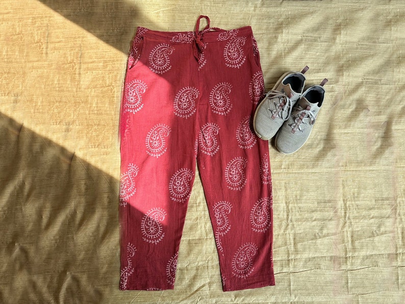 Maroon Unisex comfy pants in cotton hand block print fabric image 1