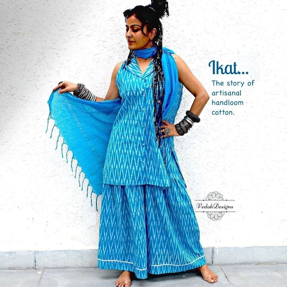 Hand embroidered coord set in ikat handloom fabric