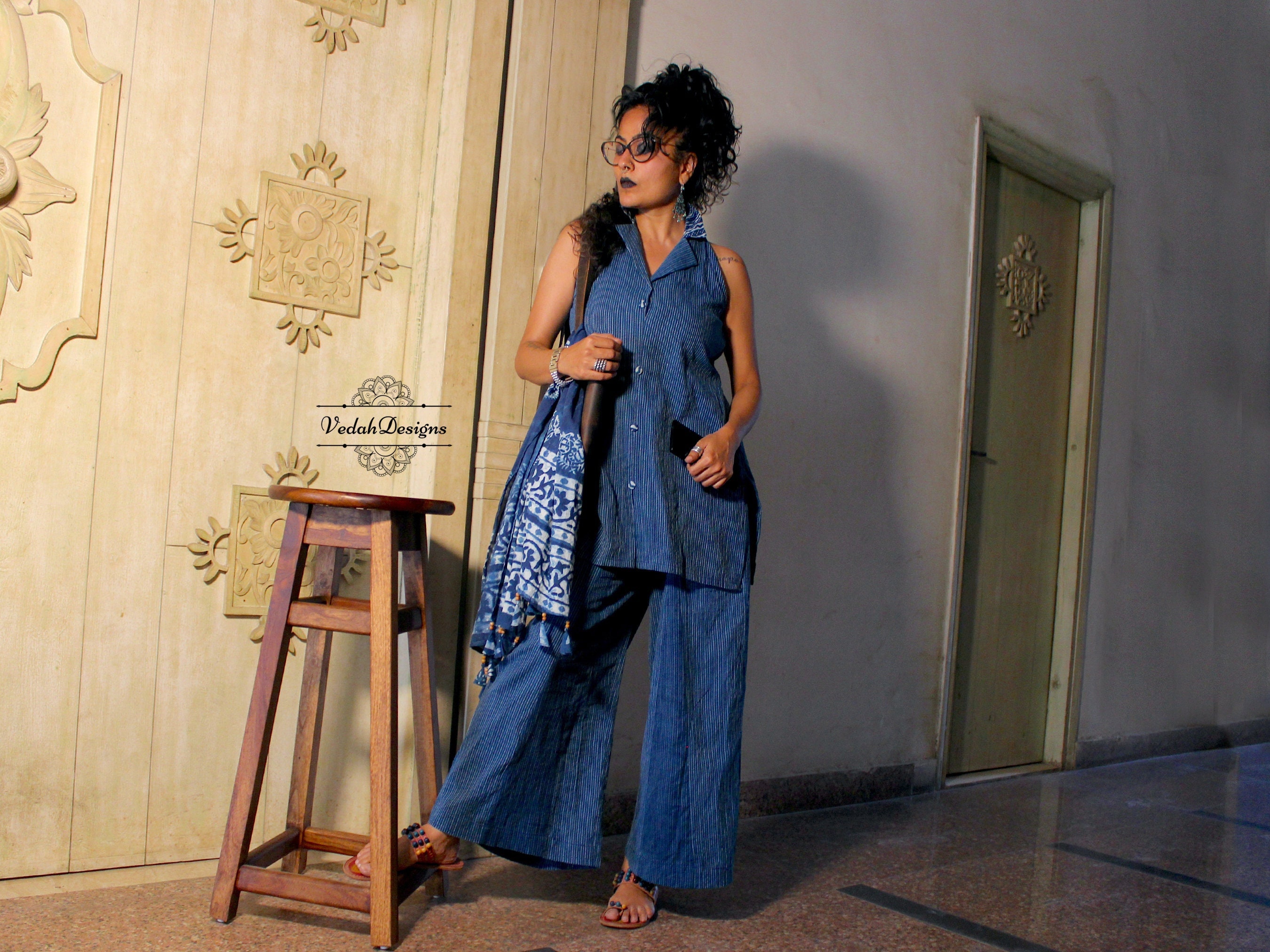 Kantha Indigo cotton tunic kurta palazzo set office wear coord set in blue vegetable dyed soft cotton fabric