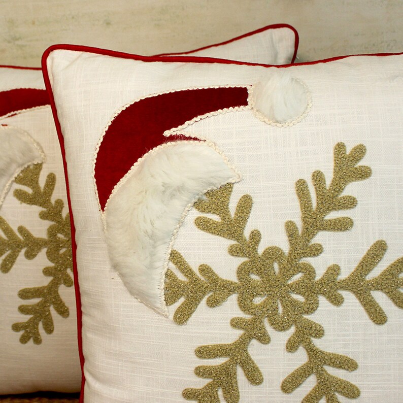 Set of 2 christmas pillow covers in snowflake hand embroidery and fur patchwork image 2