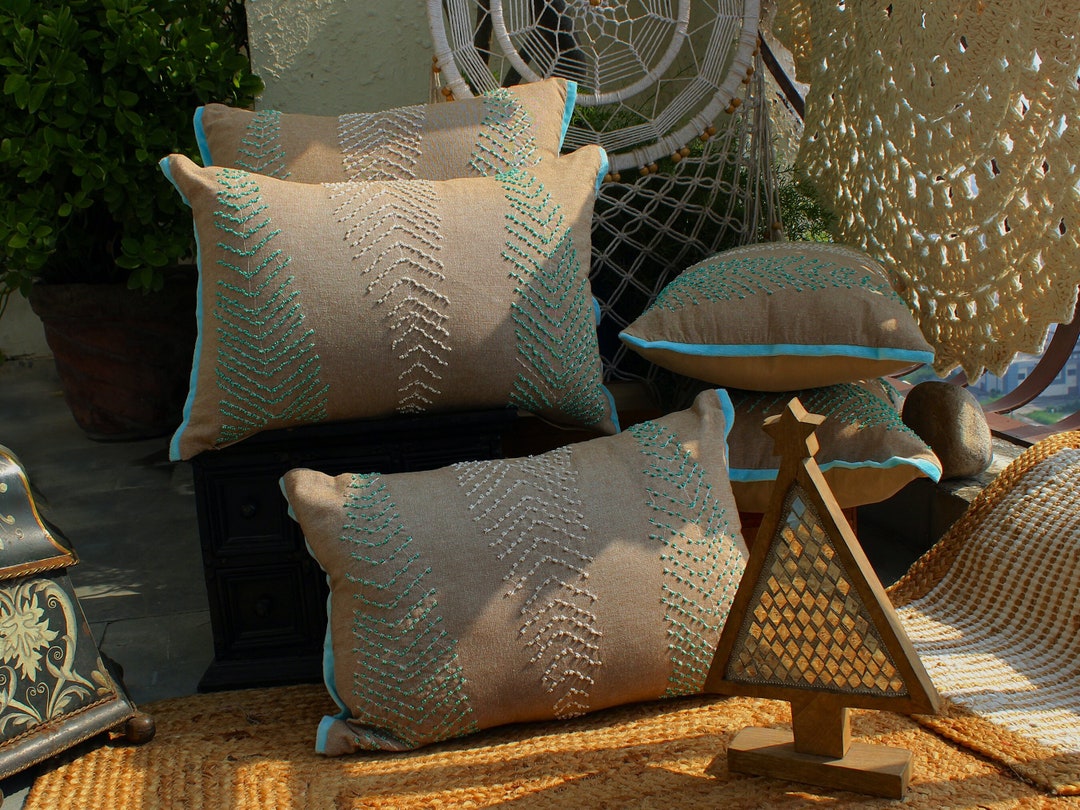 Set of 2 Beaded Artisanal Oblong Pillow Covers in Cotton Chambray Etsy