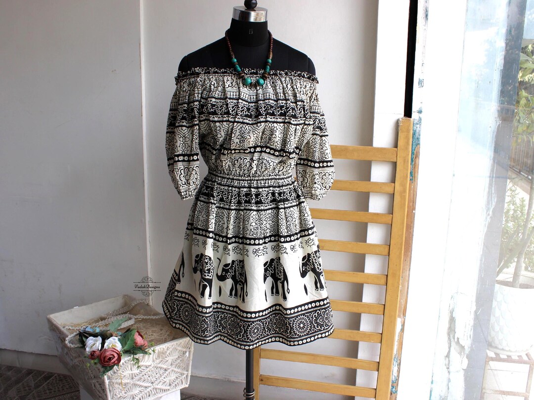 elephant design dress Breathable off Shoulder in Breathable Cotton Fabric Print Dress Casual Pattern Size:Small 4-6 Print dress global-print-Wave Jacquard Black Bandeau Asymmetric Drape Maxi