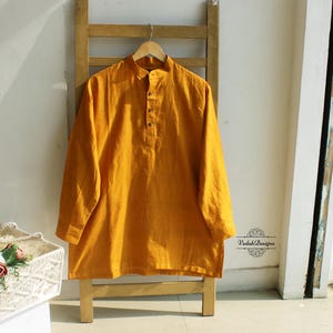 Yellow texture khadi shirt short kurta in homespun ahimsa cotton fabric for men