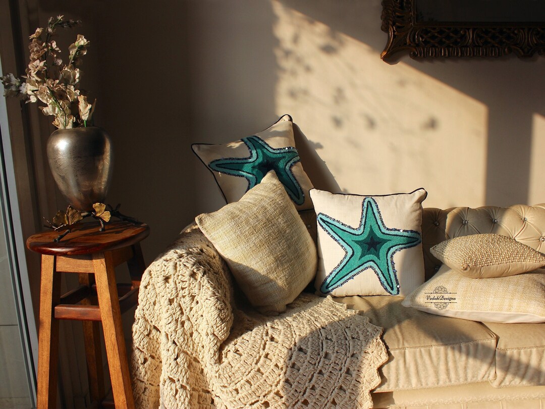 Set of 2 Starfish Pillow Covers Hand Embroidered With Beads Etsy