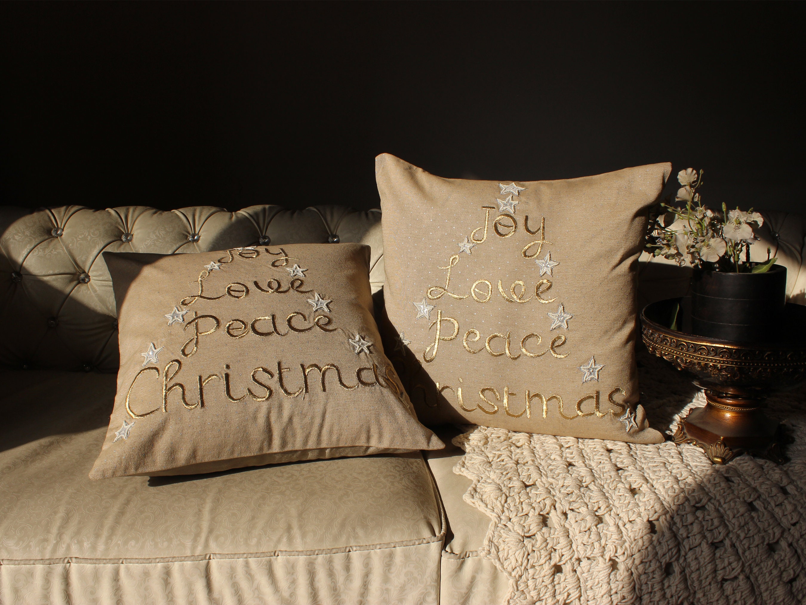 Chambray Christmas Lumbar Pillow Embroidered Peace - Woodwaves