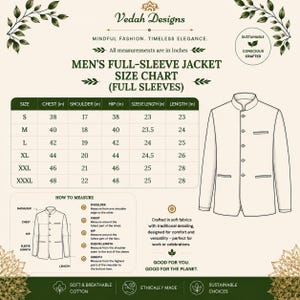 May include: A size chart for a full-sleeve jacket by Vedah Designs, featuring a table with measurements in inches for sizes S to XXXL. The graphic includes a line drawing of a jacket, a how-to-measure guide, and text detailing sustainable practices.