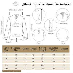 May include: Size chart for a short top with measurements in inches for chest, waist, sleeve length, shoulder width, and length. The chart includes sizes S, M, L, XL, and XXL.