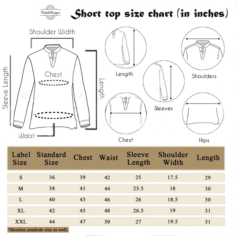May include: Size chart for a short top with measurements in inches for chest, waist, sleeve length, shoulder width, and length. The chart includes sizes S, M, L, XL, and XXL.
