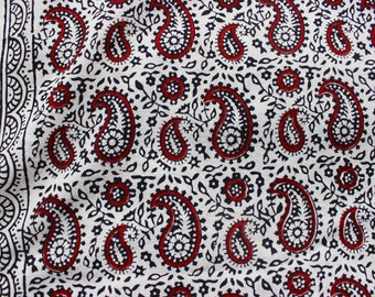 2 meters Handmade fabric in paisley pattern block print in black and red colour