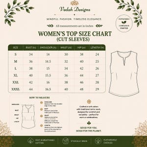 May include: A size chart for sleeveless tops by Vedah Designs, featuring a table with measurements in inches for sizes S to XXXL. It includes a line drawing of a sleeveless top, a guide on how to measure, and text detailing cotton material.