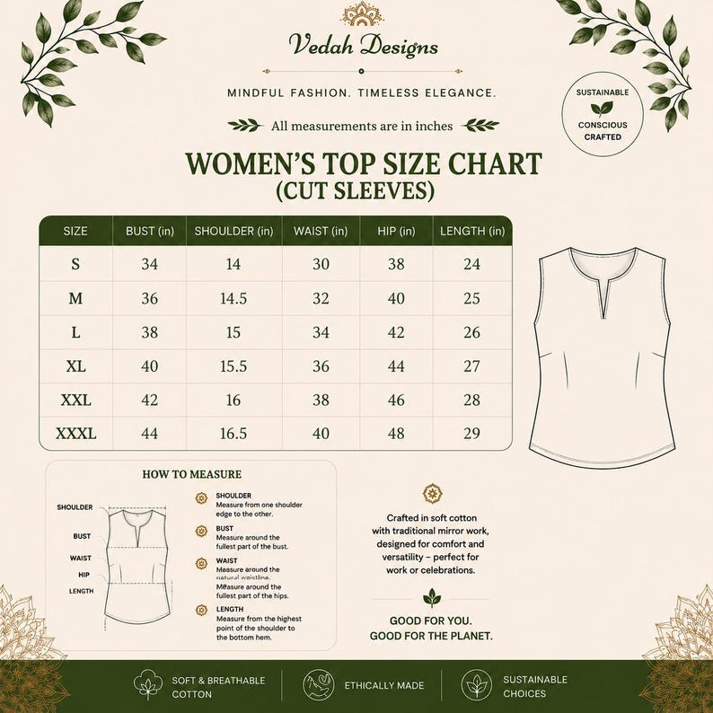 May include: A size chart for sleeveless tops by Vedah Designs, featuring a table with measurements in inches for sizes S to XXXL. It includes a line drawing of a sleeveless top, a guide on how to measure, and text detailing cotton material.